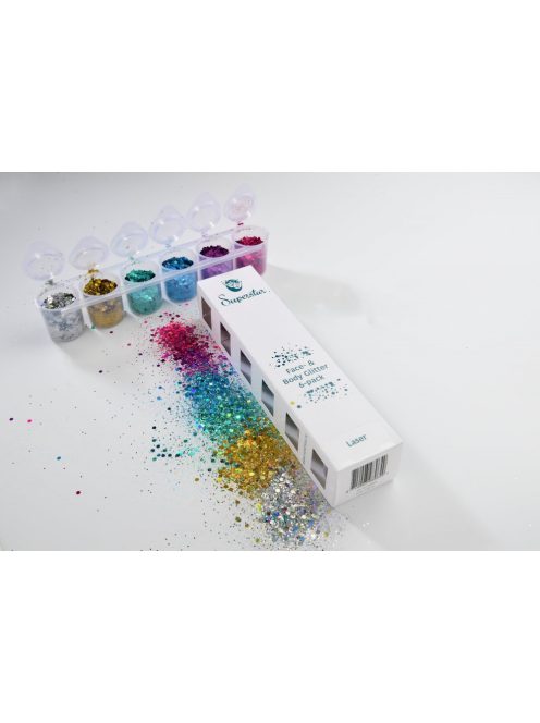 Superstar 6 darabos nagyszemcsés kozmetikai csillám szett Laser színekben (holografikus, irizáló), arcra, testre, hajra, futurisztikus és fesztivál sminkhez