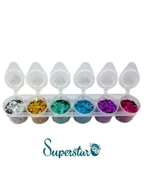 Superstar 6 darabos nagyszemcsés kozmetikai csillám szett Laser színekben (holografikus, irizáló), arcra, testre, hajra, futurisztikus és fesztivál sminkhez