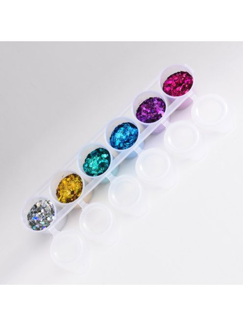 Superstar 6 darabos nagyszemcsés kozmetikai csillám szett Laser színekben (holografikus, irizáló), arcra, testre, hajra, futurisztikus és fesztivál sminkhez