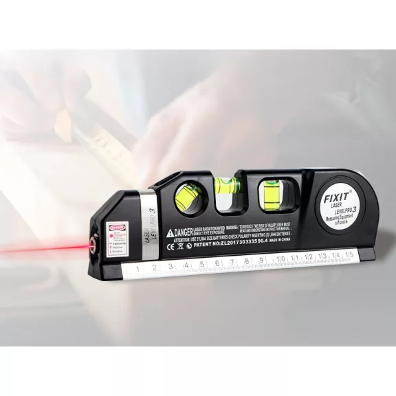 Precíziós lézeres szintező 15 cm-es, 2,5 m-es mérőszalaggal, lézeres mérővel, 3 üzemmóddal, LED