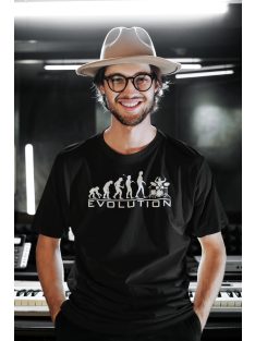 Dobos Evolúció póló, 100% pamut, humoros zenész ajándék, dobverő, zenei témában az MK Kreatív webáruháztól.