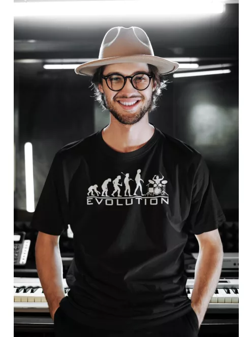 Dobos Evolúció póló, 100% pamut, humoros zenész ajándék, dobverő, zenei témában az MK Kreatív webáruháztól.