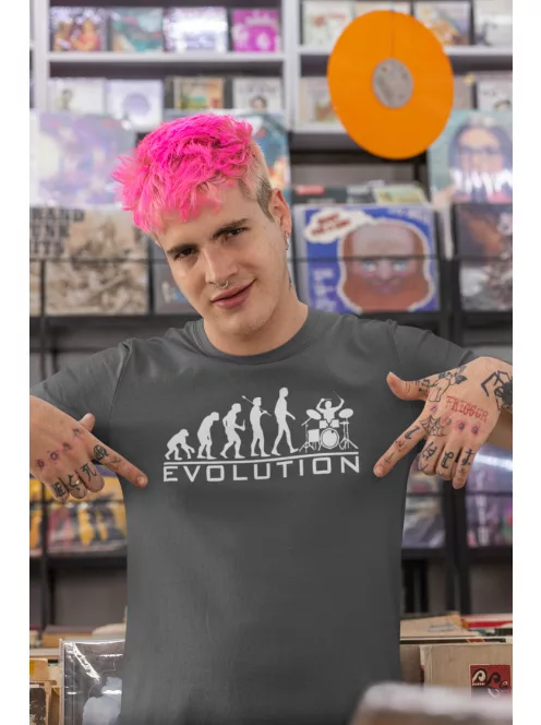 Dobos Evolúció póló, 100% pamut, humoros zenész ajándék, dobverő, zenei témában az MK Kreatív webáruháztól.