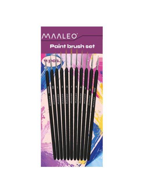 Maaleo 11 darabos festőecset készlet szintetikus sörtékkel és natúr nyírfa nyéllel, ecsettartó állvánnyal, arcfestés, akril, akvarell, gouache festéshez