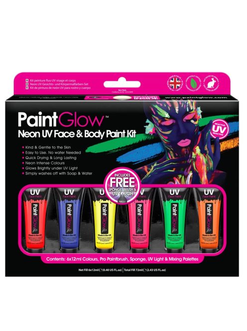 PaintGlow Neon UV arc- és testfesték készlet 6 színű