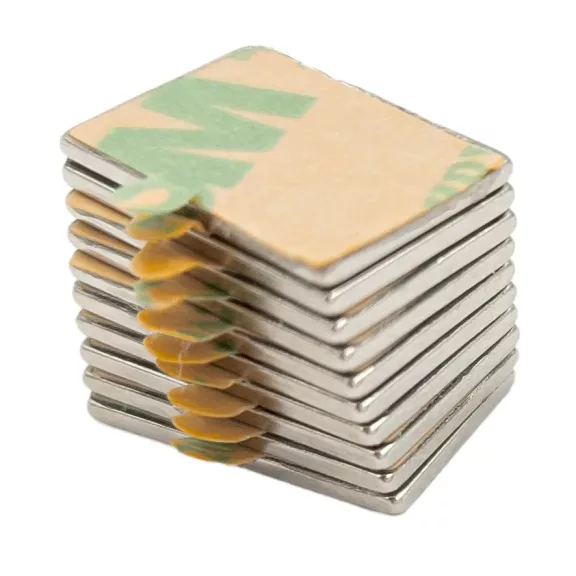 10 darabos öntapadós neodímium hasáb mágnes készlet 3M ragasztóval 15x10x1mm méretben