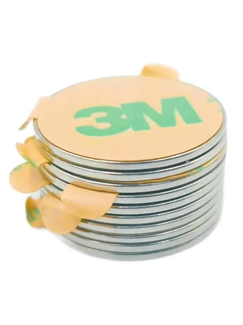 10 darabos 20 mm átmérőjű, 1 mm vastag öntapadós neodímium mágnes szett 3M ragasztóval