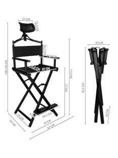 Fekete alumínium sminkszék fejtámlával és lábtartóval, összecsukható kivitelben, professzionális használatra