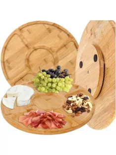 RUHHY forgatható bambusz tálalódeszka 33 cm-es átmérővel, 5 rekeszes kivitel sajtokhoz és snackekhez