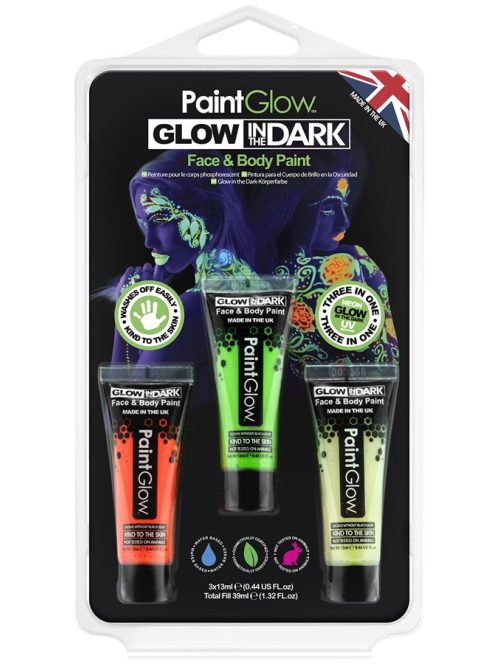 PaintGlow Glow in the Dark Neon UV arc- és testfesték készlet 3 színű