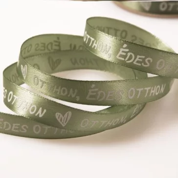 Édes Otthon feliratos szatén szalagok - 12 mm Vintage zöld