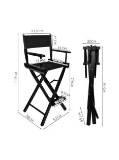 Beautylush professzionális fa sminkszék fekete színben, összecsukva és kibontva, lábtartóval