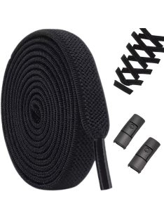 Összetekert fekete, kötés nélküli, rugalmas cipőfűző egy pár rögzítő kapoccsal.