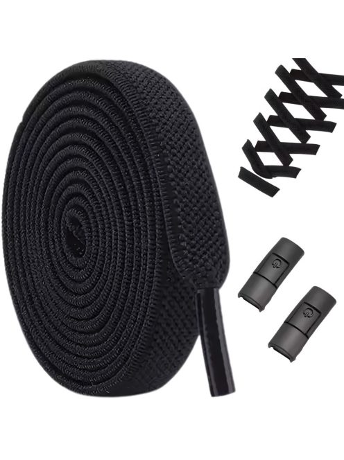 Összetekert fekete, kötés nélküli, rugalmas cipőfűző egy pár rögzítő kapoccsal.