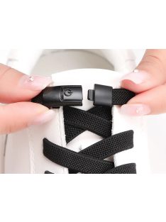 Összetekert fekete, kötés nélküli, rugalmas cipőfűző egy pár rögzítő kapoccsal.