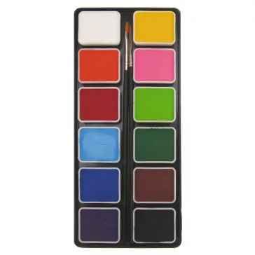 PXP Professional Colors 12 rekeszes arcfesték paletta átlátszó fedéllel és két arcfestő ecsettel.