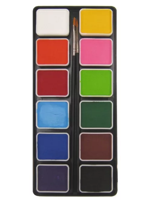PXP Professional Colors 12 rekeszes arcfesték paletta átlátszó fedéllel és két arcfestő ecsettel.