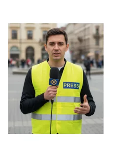 Láthatósági biztonsági mellény PRESS felirattal, sárga fényvisszaverő mellény sajtó munkatársaknak, újságíró azonosító mellény.