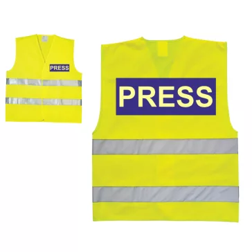 Láthatósági biztonsági mellény PRESS felirattal, sárga fényvisszaverő mellény sajtó munkatársaknak, újságíró azonosító mellény.