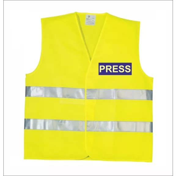 Láthatósági biztonsági mellény PRESS felirattal, sárga fényvisszaverő mellény sajtó munkatársaknak, újságíró azonosító mellény.