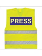 Láthatósági biztonsági mellény PRESS felirattal, sárga fényvisszaverő mellény sajtó munkatársaknak, újságíró azonosító mellény.