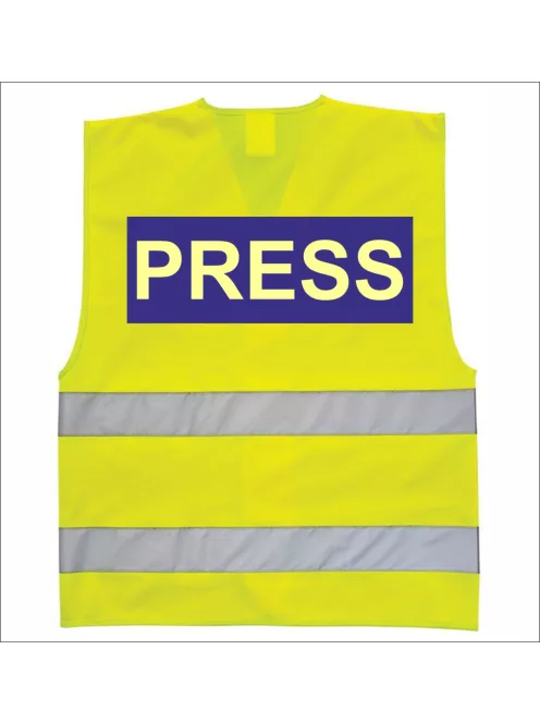 Láthatósági biztonsági mellény PRESS felirattal, sárga fényvisszaverő mellény sajtó munkatársaknak, újságíró azonosító mellény.