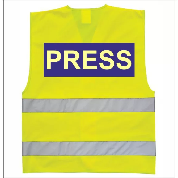 Láthatósági biztonsági mellény PRESS felirattal, sárga fényvisszaverő mellény sajtó munkatársaknak, újságíró azonosító mellény.