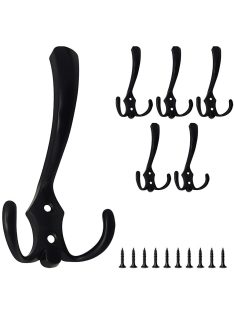 5 darabos fekete fém háromágú fali akasztó szett csavarokkal