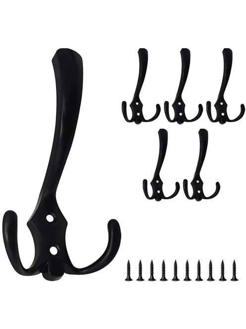 5 darabos fekete fém háromágú fali akasztó szett csavarokkal