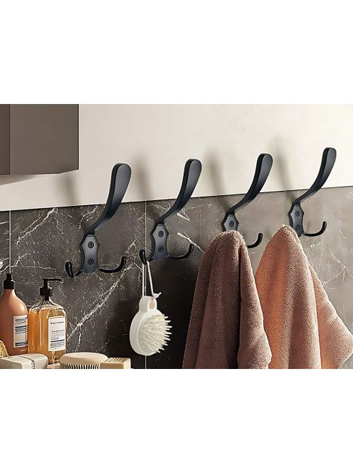 5 darabos fekete fém háromágú fali akasztó szett csavarokkal