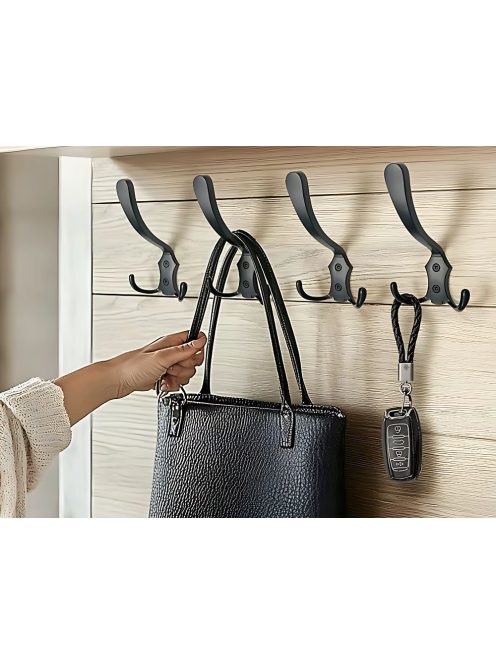 5 darabos fekete fém háromágú fali akasztó szett csavarokkal