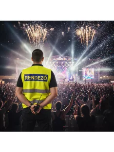 Láthatósági mellény RENDEZŐ felirattal, sárga biztonsági mellény fesztiválokra, fényvisszaverő rendezvényszervező mellény.
