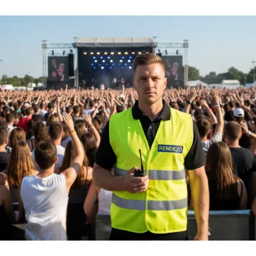Láthatósági mellény RENDEZŐ felirattal, sárga biztonsági mellény fesztiválokra, fényvisszaverő rendezvényszervező mellény.