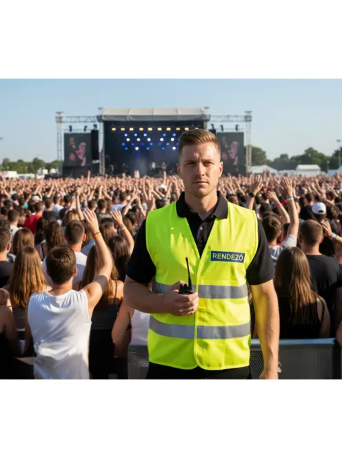 Láthatósági mellény RENDEZŐ felirattal, sárga biztonsági mellény fesztiválokra, fényvisszaverő rendezvényszervező mellény.
