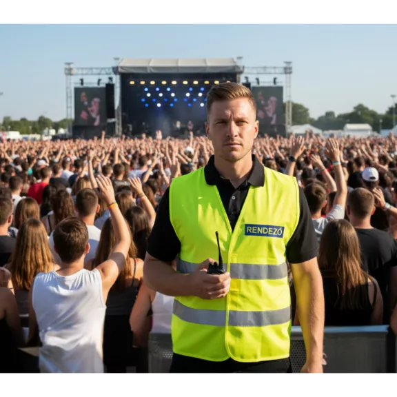 Láthatósági mellény RENDEZŐ felirattal, sárga biztonsági mellény fesztiválokra, fényvisszaverő rendezvényszervező mellény.