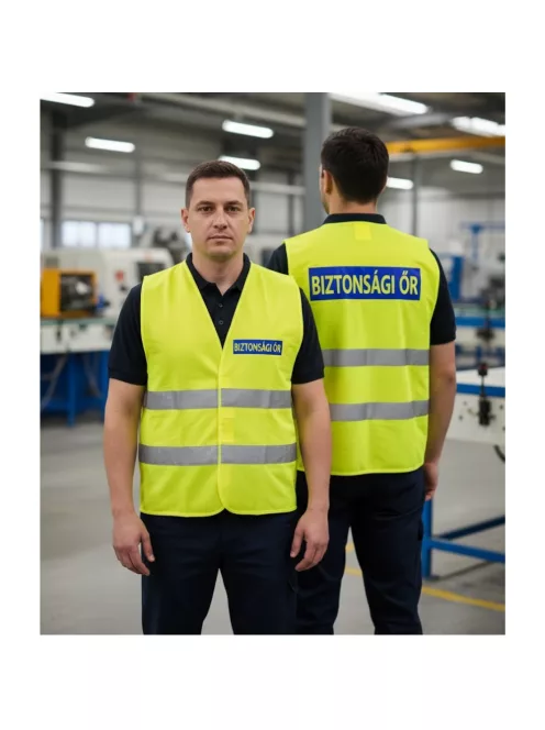 BIZTONSÁGI ŐR feliratos jól látható fényvisszaverő neon sárga mellény