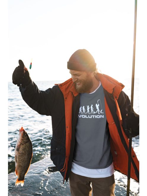 Póló Horgász Evolúció minta, vicces horgász póló, horgász ajándék, pecás póló, pamut póló horgászat