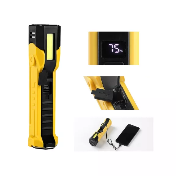 Újratölthető COB LED műhelylámpa mágnessel akasztóval LCD kijelzővel és powerbank funkcióval