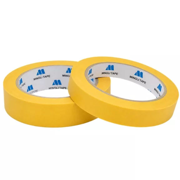 Sárga precíziós maszkolószalag 24 mm szélességgel és 30 méter hosszúsággal. Ideális festéshez, felületvédelemhez és tiszta festési vonalak kialakításához.