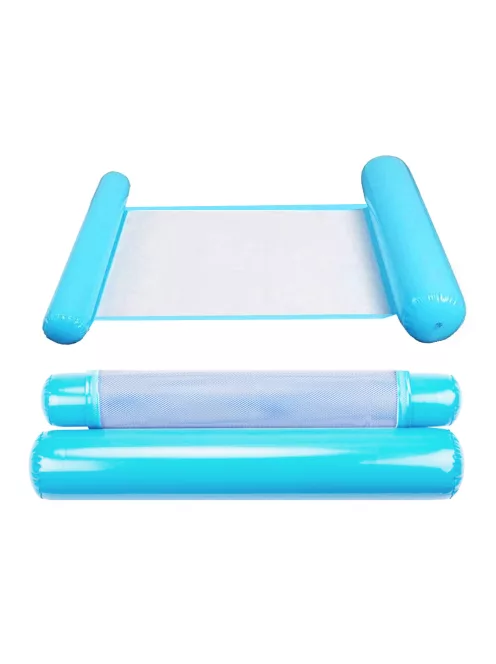 Kék-fehér felfújható vízi függőágy hálós középrésszel, úszó nyugágy medencébe és tengerre