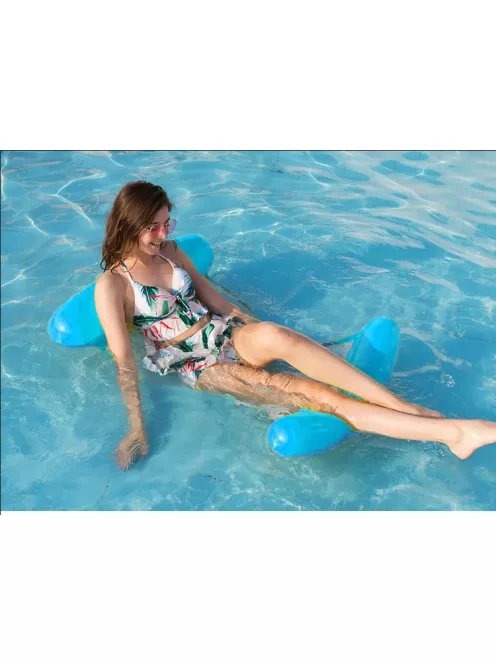 Kék-fehér felfújható vízi függőágy hálós középrésszel, úszó nyugágy medencébe és tengerre