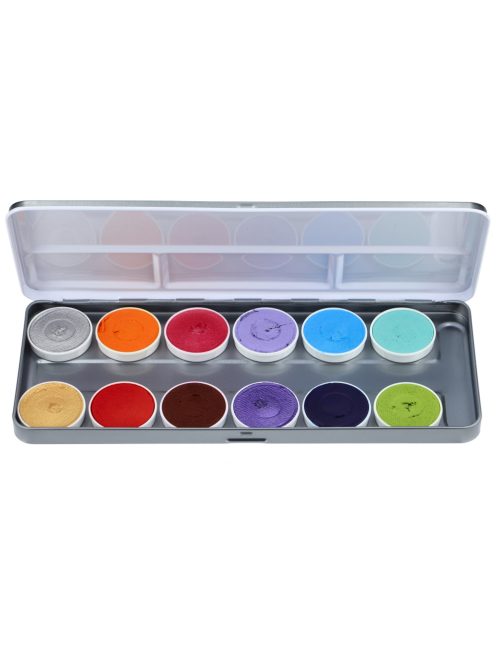 Superstar 12 színű arcfesték készlet Syllie Faces by Syl Verberk paletta élénk és metál színekkel, gyerek arcfestéshez és fesztivál sminkhez