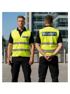 áthatósági mellény SECURITY felirattal, sárga biztonsági mellény vagyonőröknek, fényvisszaverő rendezvénybiztosító mellény.