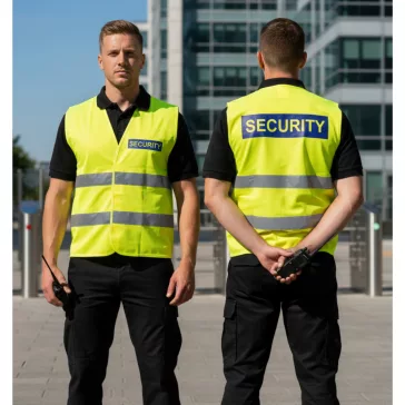 áthatósági mellény SECURITY felirattal, sárga biztonsági mellény vagyonőröknek, fényvisszaverő rendezvénybiztosító mellény.