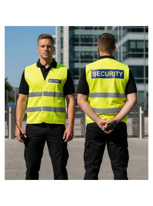 áthatósági mellény SECURITY felirattal, sárga biztonsági mellény vagyonőröknek, fényvisszaverő rendezvénybiztosító mellény.