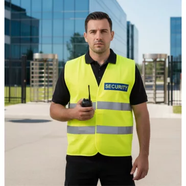 áthatósági mellény SECURITY felirattal, sárga biztonsági mellény vagyonőröknek, fényvisszaverő rendezvénybiztosító mellény.