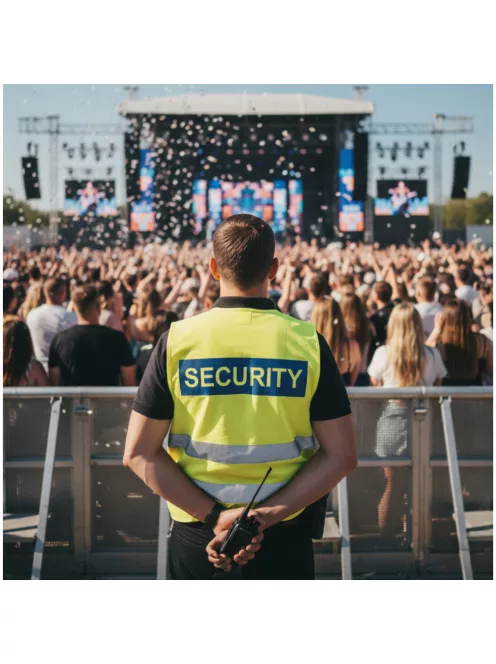 áthatósági mellény SECURITY felirattal, sárga biztonsági mellény vagyonőröknek, fényvisszaverő rendezvénybiztosító mellény.