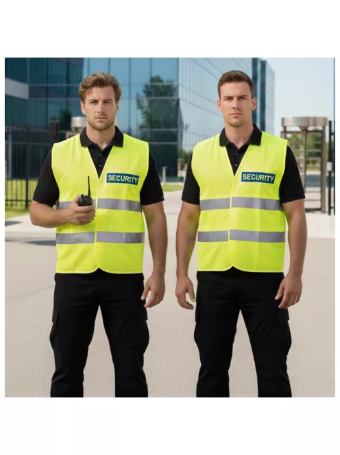 áthatósági mellény SECURITY felirattal, sárga biztonsági mellény vagyonőröknek, fényvisszaverő rendezvénybiztosító mellény.