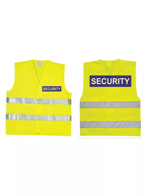 áthatósági mellény SECURITY felirattal, sárga biztonsági mellény vagyonőröknek, fényvisszaverő rendezvénybiztosító mellény.