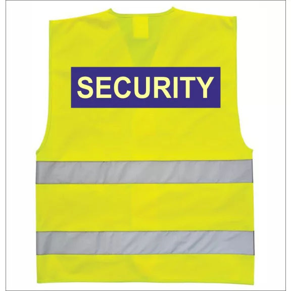áthatósági mellény SECURITY felirattal, sárga biztonsági mellény vagyonőröknek, fényvisszaverő rendezvénybiztosító mellény.